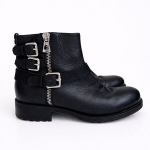 RUDSAK Black Leather Moto Boots - Triple Buckle Zip Ankle Booties - Size 39